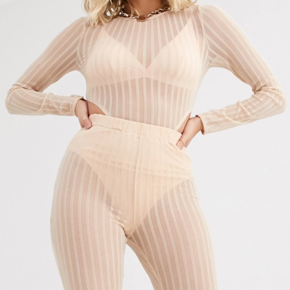 NWT Rare London Sheer Beige Ribbed Leggings, 10